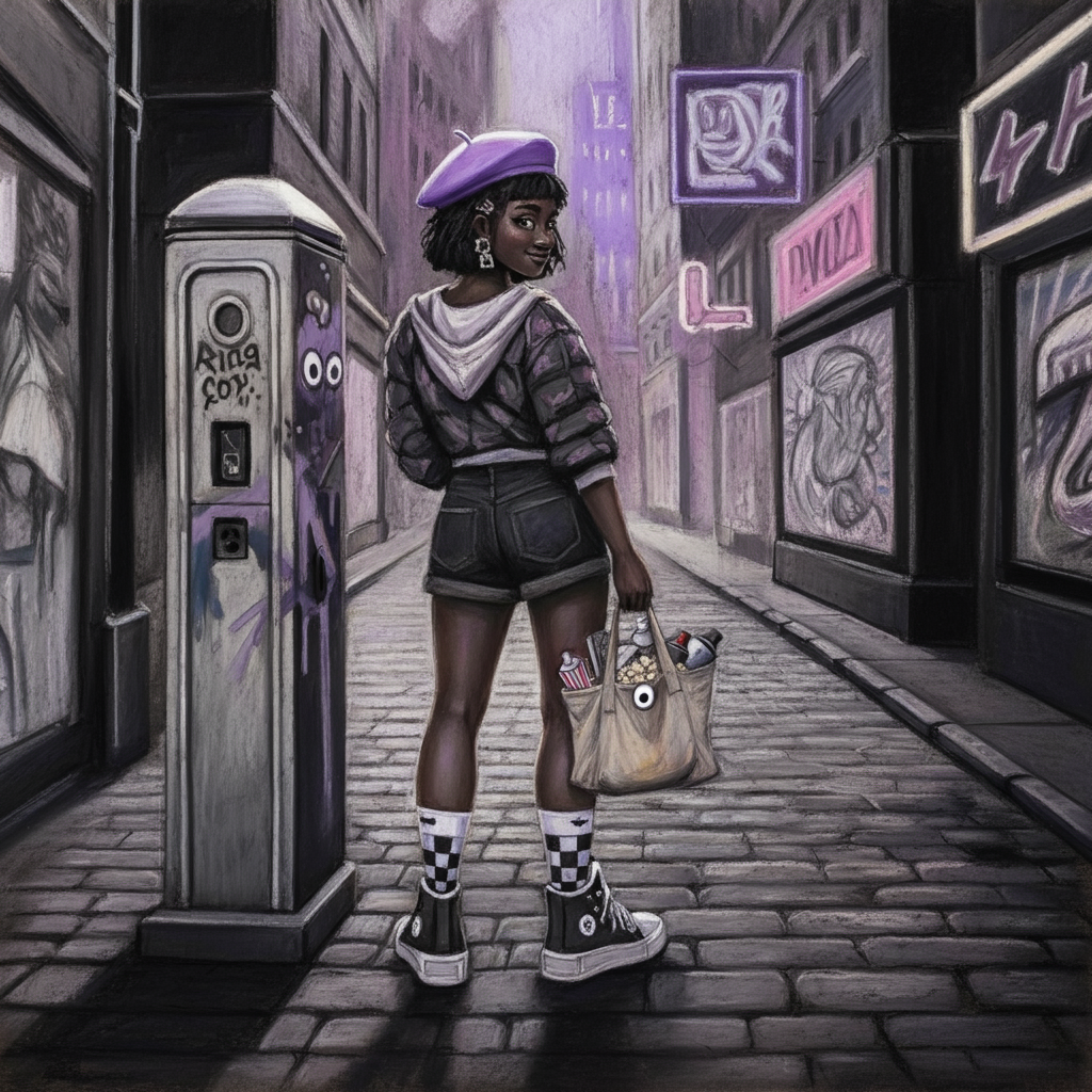 A coal, crayon drawing in black and white of a black girl in shorts, checkered socks and a lavender beret.