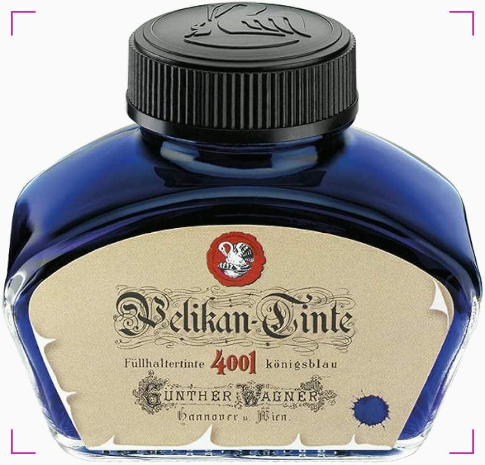 A bottle of Pelikan 4001 blue ink.