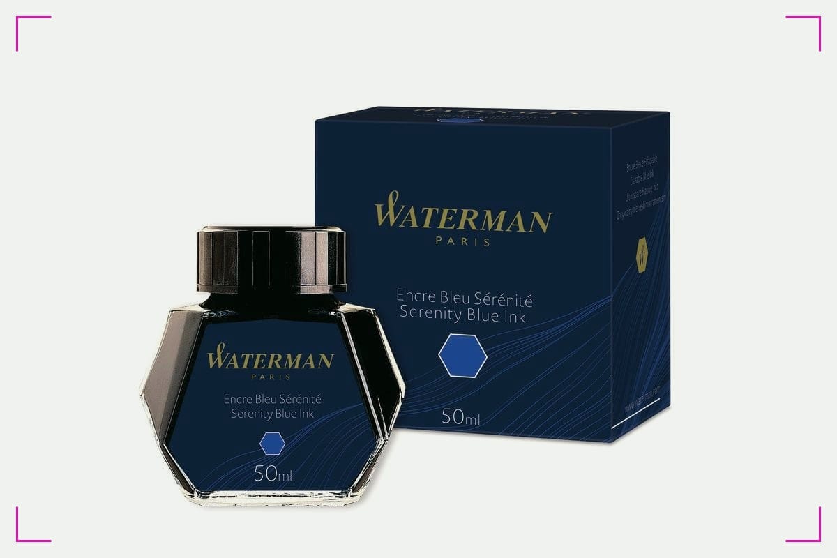 A bottle of Waterman Serenity Blue in front of its box.