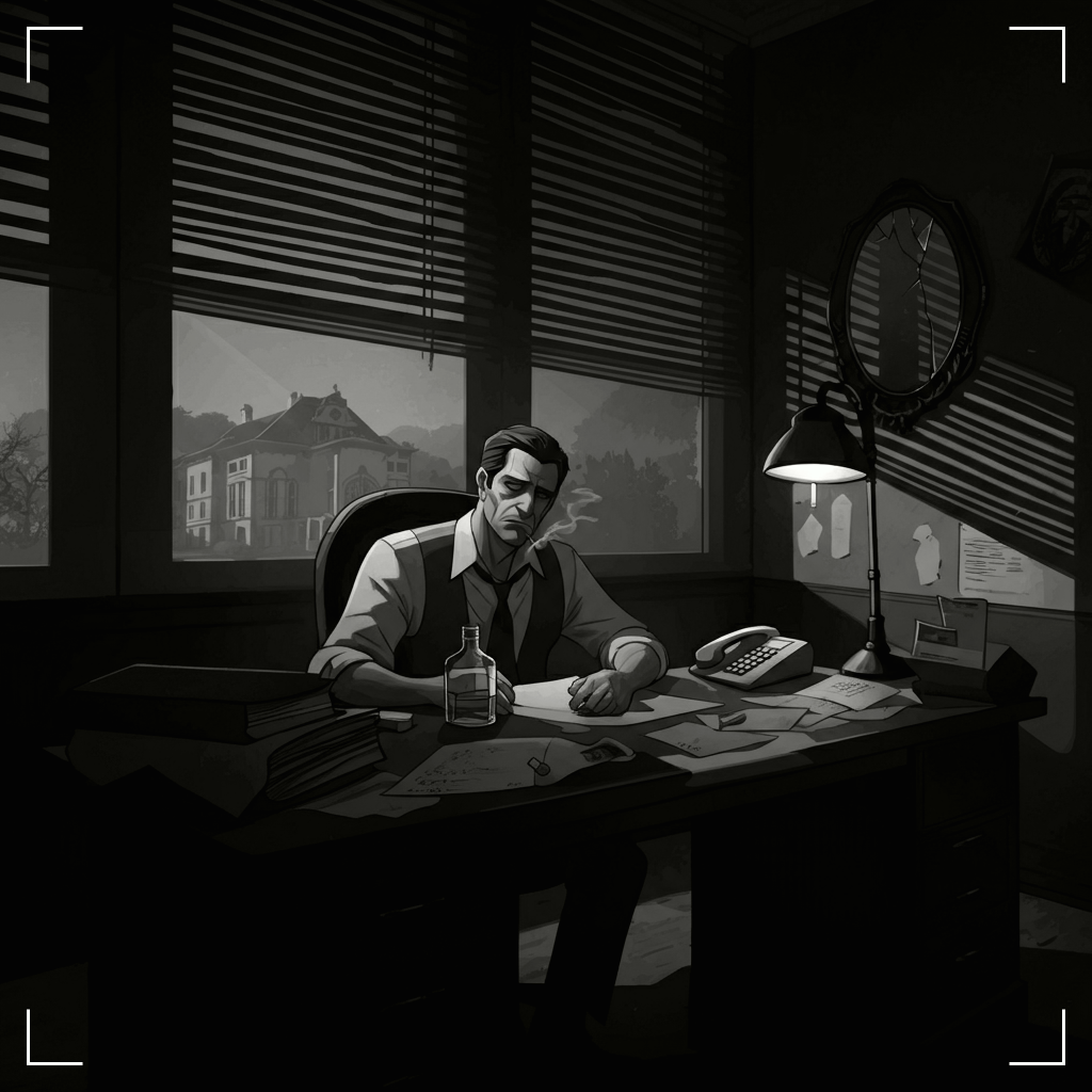 An AI generated illustration of a private detective sitting in his dim office.