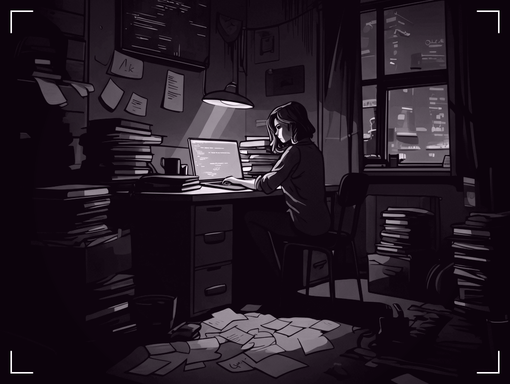 An AI generated image of the main character sitting behind her desk in a dim and depressing appartment that she calls home.